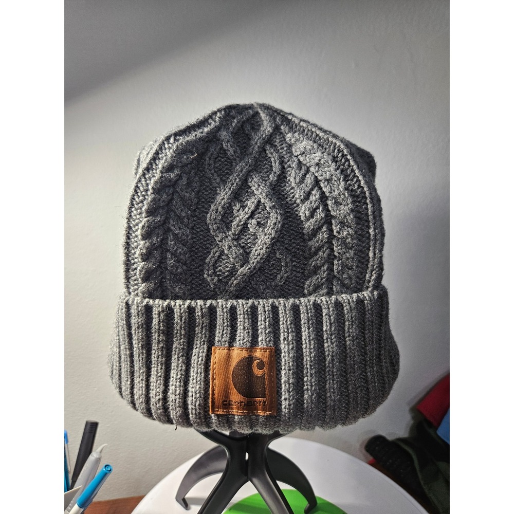 Carhartt Beanie Youth OSFM Grey Cable Knit Cuffed Logo Patch Winter Hat